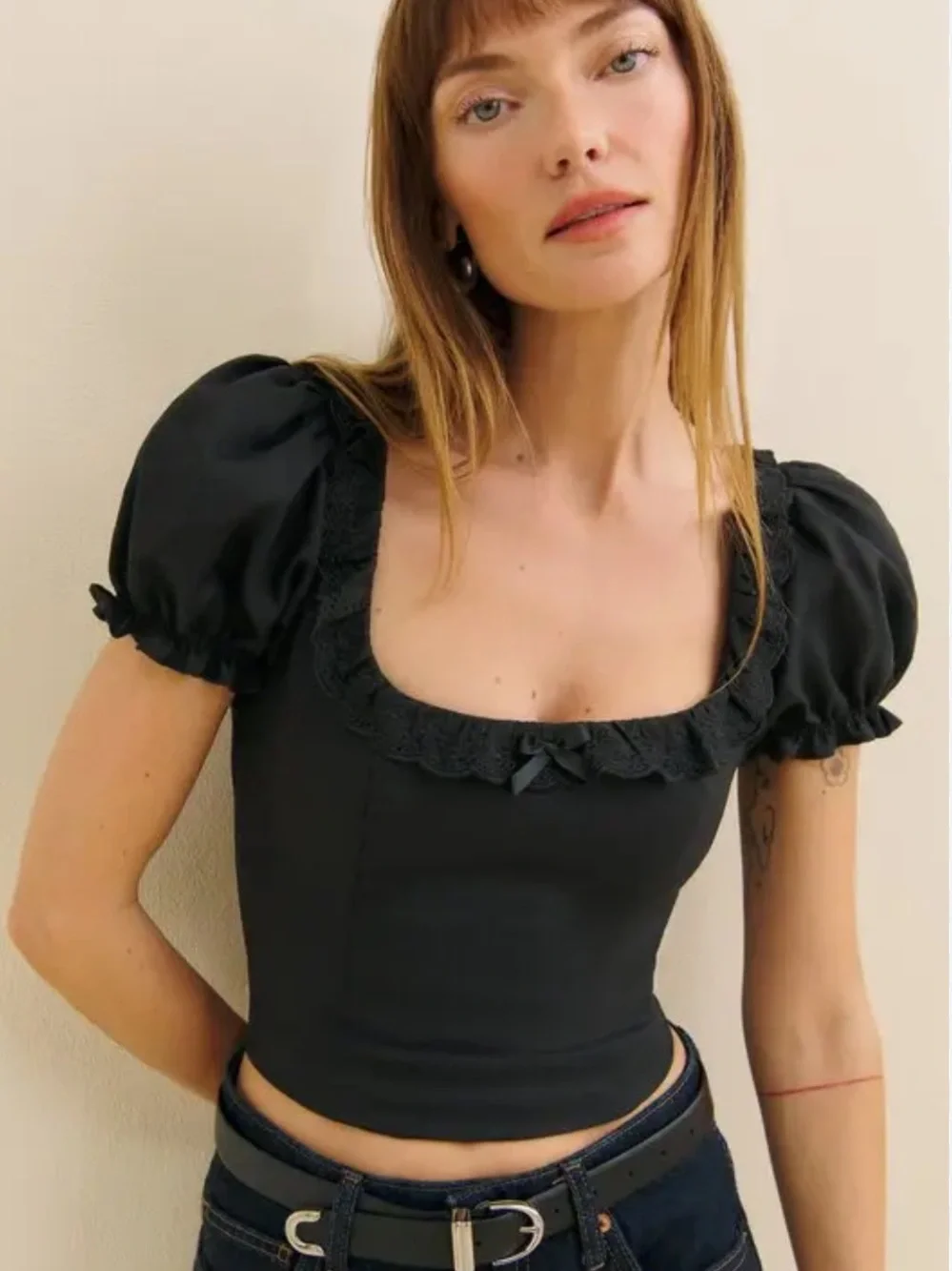 NWT Reformation Alice Black Square-Neck Puff-Sleeve Linen Top